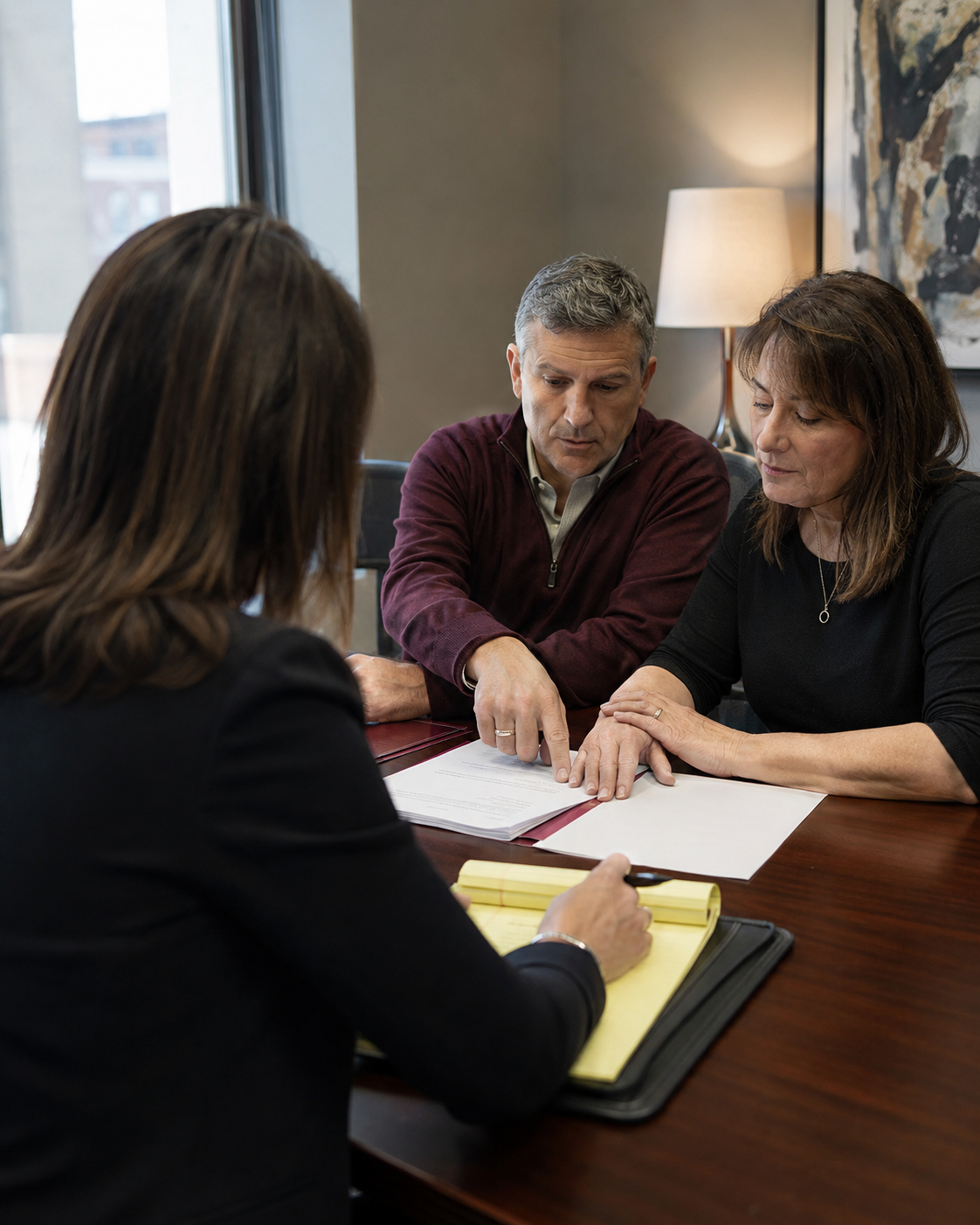 An attorney reviewing family-law and estate-planning documents privately with a married couple